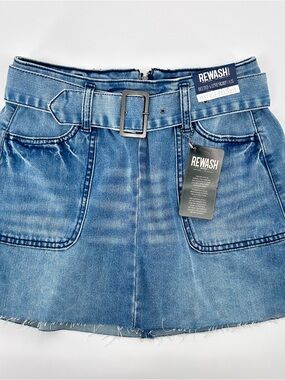 Rewash Denim Mini Skirt Belted A Line Low Rise Y2K Jean Skirt NWT